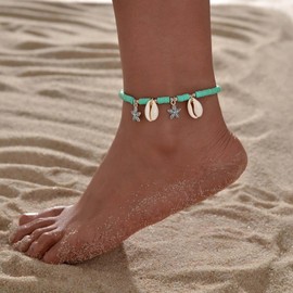Inateannal Starfish Shell Anklet Bracelet Shell Beadeds Foot Anklet Beach Green Bead Chain Anklet Silver Starfish Anklet Chain Beach Seashell Anklet Summer Feet Chain Foot Jewelry for Women and Girls