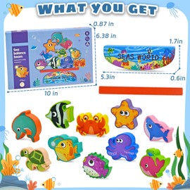 Vileafy Ocean Animals Wooden Blocks for Boys and Girls, Preschool Toys Balancing Blocks with Rocking Base, Ocean Animal Figures Summer Toys for Kids Ages 3-5 Years Old