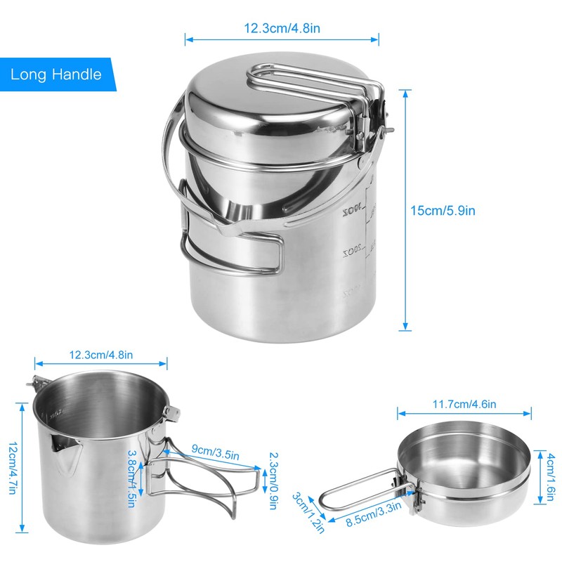 HUIOP 1L Stainless Steel Cooking Kettle Portable Outdoor Camping Backpacking