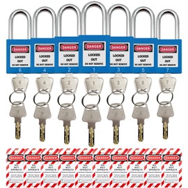 SAFBY Lockout Tagout Lock 7pcs Key Alike OSHA Loto Safe Padlocks and 10pcs Lockout TagOut Tags for Lock Out Tag Out Stations and Devices with Number 1-7 (Keyed Alike, 7-Blue Locks with 10 Tags)