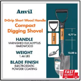 Anvil 18 In. Wood D-Grip Short Handle Carbon Steel Compact Digging Shovel