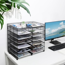 TQVAI Organizador de papel de escritorio de 7 niveles, 12 ranuras de malla para encimera, organizador de correo de archivos, estantes deslizantes ajus