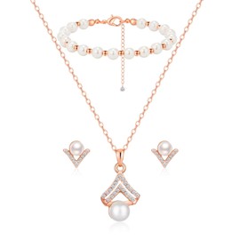 OTTFF Bridesmaid Jewelry Set For Wedding,1 Set Rose Gold Plated With Pearl Necklace Earrings Bracelet Set For Bridesmaid Gift,Wedding Party Costume Accessories Gifts for Women