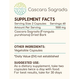 HerbEra Cascara Sagrada 120 Capsules, 500 mg, Responsibly farmed Made with Cascara Sagrada (Frangula purshiana) Dried Bark (120 Capsules)