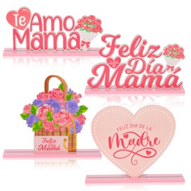 Mother's Day Spainish Wood Centerpieces - Haooryx 4Pcs Feliz Dia Mama Wooden Table Topper Sign Detachable Tabletopper Indoor Mantel Shelf Decor for Mother's Day Party Home Supplies Birthday Photo Prop