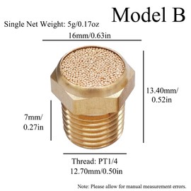 10Pcs Brass Pneumatic Muffler Filters Noise Silencer, Hex Sintered Silencer Air Line Fitting Flat, PT 1/4