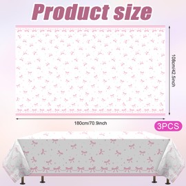 3 x Tablecloth Pink Bows, Rectangular Plastic Tablecloths Table Cloth Coquette Birthday Party Decoration Waterproof Birthday Tablecloth for Bride Baby Shower Hen Party