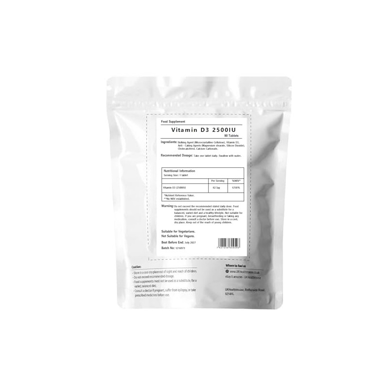 UKHealthHouse Vitamin D3 2500IU 90 Tablets High Strength Immune &
