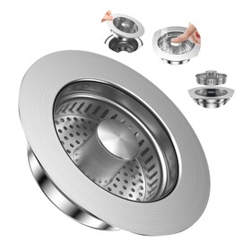 MOWETOO Drain Strainer Kitchen Sink and Sink Plug, 3-in-1 Pop-Up Stainless Steel Drain Plug Kitchen Sink with Anti-Clogging Basket, Sink Strainer for Sink Drilling