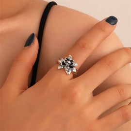 Inilbran Boho Skull Flower Finger Ring Vintage Human Skeleton Wrap Open Ring Silver Flower Open Ankle Ring Punk Skull Skeleton Stacking Ring Jewellery for Women and Girls, Zinc