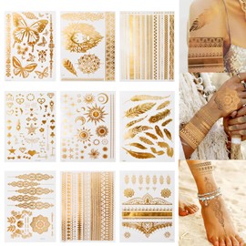 9 Pieces Gold Flash Tattoos Adults, Metallic Festival Accessories, Festival Tattoo for Sticking, Waterproof Metallic Temporary Tattoos Women's Flash Suitable for Body Art