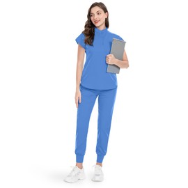 niaahinn Scrubs Set for Women Nurse Uniform Jogger Suit Stretch Top & Pants with Multi Pocket for Nurse Esthetician Workwear (Ceil, Medium)