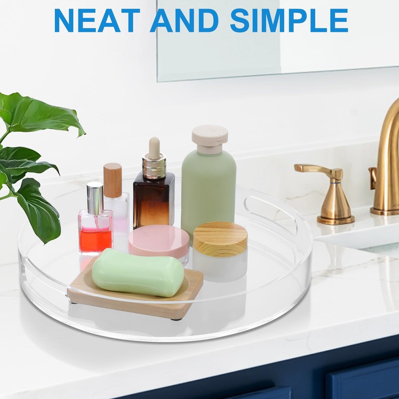 2 Pcs Acrylic Round Tray with Handles Sturdy Clear Round