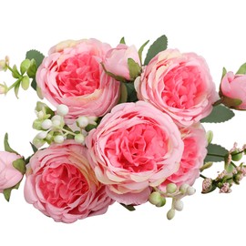 3 Bunches 5 Heads Artificial Persian Roses Wedding Hand Tied Rose Flower Bouquet Living Room Home Decoration Dark Pink