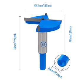 Skweawert Forstner Drill Bit 1-21/32 Inch / 42mm Tungsten Carbide Wood Hole Saw Auger Opener Hex Handle 1.65" Woodworking Hinge Hole Drilling Boring Bit Cutter for Pressed Board Plastic Wood