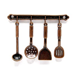 Dollhouse Bronze Hanging Utensil Set & Rack Miniature 1:12 Kitchen Accessory