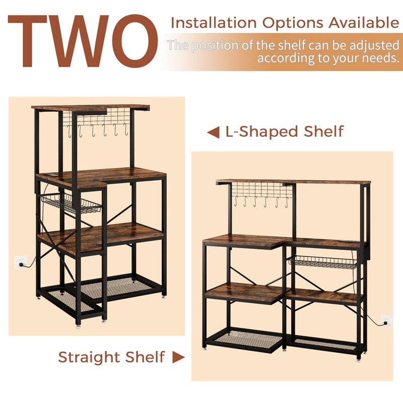 L-Shaped Bakers Rack with Power Outlet,4-Tier Corner Microwave Stand with