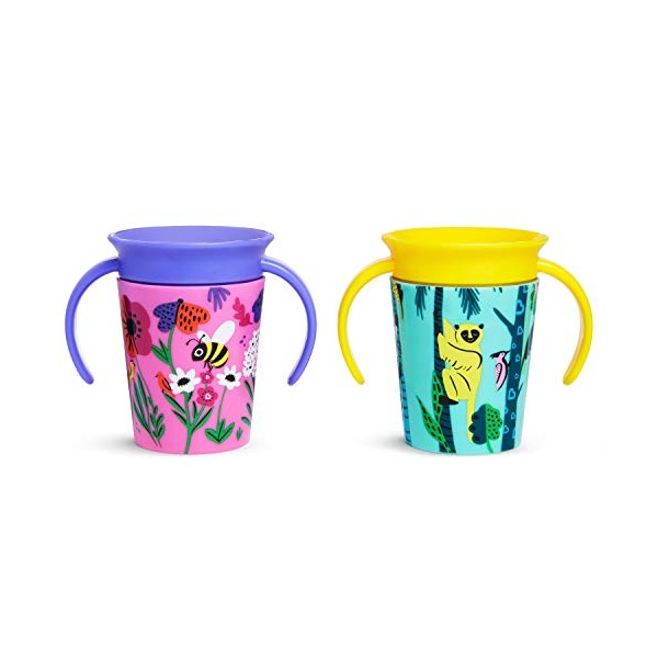 Munchkin WildLove Trainer Miracle 360 Cup, Toddler Cup, BPA Free Baby & Toddler Sippy Cups with Handles, Non Spill Cup, Dishwasher Safe Baby Cup, Leakproof Childrens Cup - 6oz/177ml, 2 Pack, Lemur/Bee