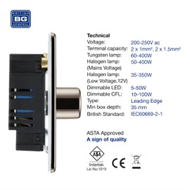 BG Electrical Screwless Flat Plate Triple Dimmer Intelligent Light Switch, Black Nickel, 2-Way