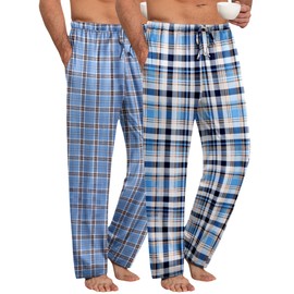 Ekouaer Men's 2 Pack Long Pajama Bottoms 2-Piece Lounge Pants Set Soft and Warm Checked Pants for Men Blue White + Black White Checked L