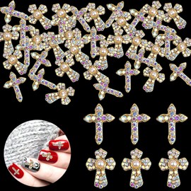 Kreuz Nail Art Charms, 40 Stück 3D Glänzenr Nagel Strass Nagelkunst Dekoration, Metall Nagel Schmuck Nagel Schönheit Design Kristalle für Nail Art Handwerk DIY Nagel Zubehö