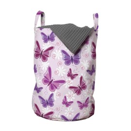 Ambesonne Butterfly Laundry Bag, Various Flying Butterflies Colors Hippie Style Print Design, Hamper Basket with Handles Drawstring Closure for Laundromats, 13" x 19", Purple Pink