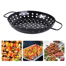 Round Grill Wok with Handle,Carbon Steel Grill Pan With Holes,Non-Stick Grilling Skillet,Round Grill Pan,Grill Basket For Seafood,Vegetable,Meat