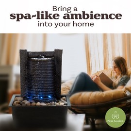 Indoor Water Fountain With LED Lights- Lighted Waterfall Tabletop Fountain With Stone Wall and Soothing Sound for Office and Home Décor By Pure Garden Black