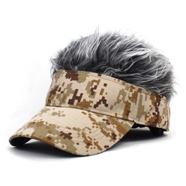 Kisymear Hair Flare Visor, Hat, Cap, Flared Wig Included, Hair, Bald, Wig, Sun Visor, Sunshade, Baseball Cap, Golf, Fishing, Camping, Outdoors, Drinking, Banquets, Gifts, Disguise, Joke Goods (Camouflage Gray)