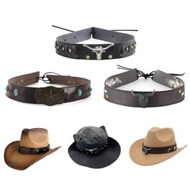 3 Pieces Cowboy Hat Headband, Western Beads Hat Band, Headdress Bands, Adjustable Cord, for Headwear Decoration, Suitable for Most Headdresses, Clothing Accessories, Black, Brown, M