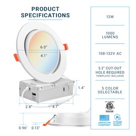 PARMIDA (6 Pack) 6 Inch 5CCT Ultra-Thin LED Adjustable Gimbal Recessed Lighting with J-Box, 2700K/3000K/3500K/4000K/5000K 5 Color Selectable, 12W, Eyeball Canless Slim Panel Lights, Dimmable, IC, ETL