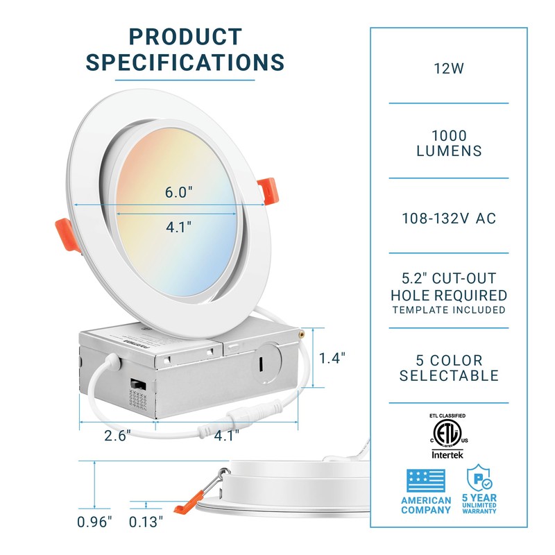 PARMIDA (6 Pack) 6 Inch 5CCT Ultra-Thin LED Adjustable Gimbal