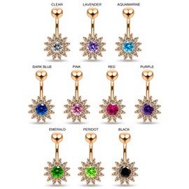 Aquamarine Cz Stone Round Center with Sun Flower Design Rose Gold Plated Sterling Silver with Stainless Steel Belly Ring - Belly Button jewelry - Navel jewelry - Silver Navel Ring