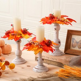 Mumufy 6 Pcs Thanksgiving Rustic Wooden Candle Holders for Pillar Farmhouse Candles 3 Set Vintage Fall Table Centerpiece Decoration Thanksgiving Autumn Candlestick Ring Wreath for Dinning Room Kitchen