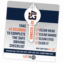 Lutzie 43 Foundation Orange and Blue KeyPin Featuring “43 Key Seconds” and “43 to Distraction-Free” Slogans for Safe Driving Awareness. Key Ring Reminder/Magnet Bar Turns Key Into Wearable Pin