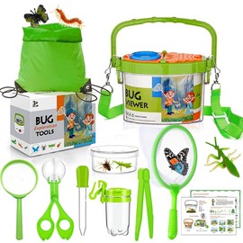 Gdbykds Outdoor Toys, Bug Hunting Kits for Children - 20 Pcs explorer kit for Kids with 12 Fake Insects, Magnifying Glass, Bug Catcher, Christmas Educational Toys 4 Year Old Boy birthday Gifts