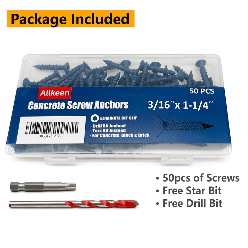 Allkeen 3/16" x 1-1/4" Torx Head Concrete Screws for Anchoring