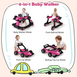 HONEY JOY 4-in-1 Baby Walker, Activity Push Walker w/3 Adjustable Heights, Smooth Wheels w/Adjustable Speed, Padded Seat, Music & Light, Foldable Car Walker for Baby Boys Girls Age 6 Months+ (Pink)