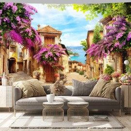 Arsey Mediterranean Tapestry Blooming Bougainvillea Street Scene Wall Cloth, Coastal City Nature Landscape Boho Beautiful Tapestries Cafe Restaurant Living Room Background Decoration, 300 x 180 cm