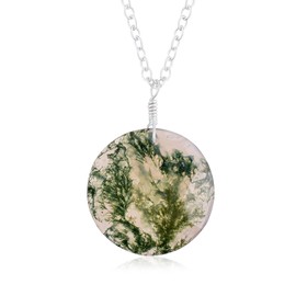 GEMSLOGY Natural Moss Agate Crystals Pendant Necklace, Round Cabochon Gemstone, Energy Healing Crystals, Birthday, Gift for Her, Gemstone Jewelry 18 inch AAA+ Quality (MOSS A)