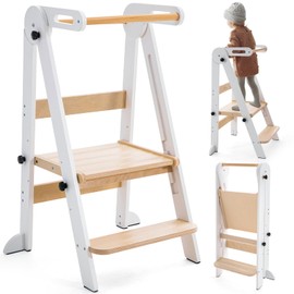 Gewitt Foldable Toddler Kitchen Stool Helper - Adjustable Height Toddler Standing Tower, Kids Helper Stool with Safty Rail for Kitchen Counter Bathroom (White)