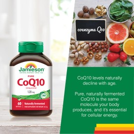 Jamieson CoQ10 120mg, Pure, Ubiquinone, Naturally Fermented, Gluten-Free, Lactose-Free, No Artificial Colours, Flavours or preservatives, 60 Softgels