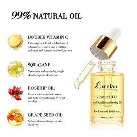 Lurelan Beauty Double Vitamin C Oil For Face and Bikini Area - Brightening Oil with Squalane, Rosehip, Vitamin E, Non-Comedogenic, Vegan, for All Skin Types (Face oil)