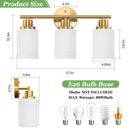 3-Light Bathroom Light Fixtures, Brushed Gold Vanity Light with Milky White Frosted Glass Shade, Vanity Light for Bathroom, Modern Bathroom Wall Light Fixtures, Bathroom Lighting for Vanity Mirror