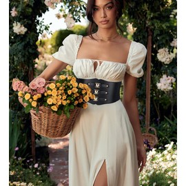 Wovanoo Women Stretchy Belt for Dresses Vintage Elastic Wide Waist Belt PU Leather Corset Cinch Belt Black 65cm