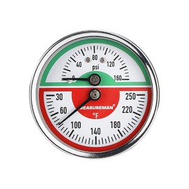 MEASUREMAN Tridicator, Thermo-Manometer Pressure Gauge, 2-1/2", 0-160psi/30-250 deg F, Black Iron Case, 1/4" NPT Back Mount