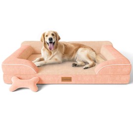 CWAWZ Extra Large Dog Bed, Orthopedic Dog Bed with Cooling Gel Memory Foam, Waterproof XL Pet Bed with Removable Washable Cover, 42" Pet Sofa Couch Dutch Velvet with Bone Toy, Peach Pink