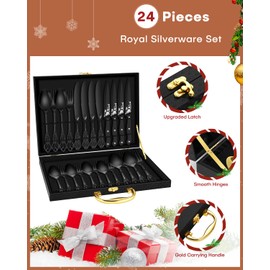 EUIRIO Royal Black Silverware Set for 4, 24 Pieces Stainless Steel Flatware Set, Cutlery Set Include Forks Spoons Knives and Silverware Gift Box with Handle for Holiday Present, Dishwasher Safe