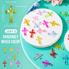 50 Pcs Acrylic Cross Pendants for Jewelry Making Colorful Cross Religion Charms Transparent Jesus Crucifix Cross Dangle Charms for Easter Necklace Bracelet Keychain Crafts
