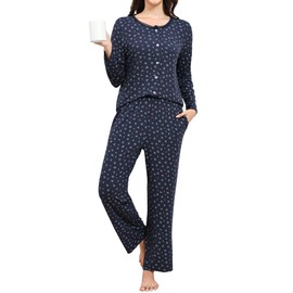 TeJoyce Cotton Pajamas for Women Set 2 Piece Floral Print Long Sleeve Pajamas Set Cut Soft Pjs Loungewear with Pockets S-XXL Navy Blue
